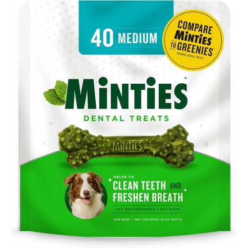 Dental Chews for Dogs – 40 Mint-Flavored Treats for Medium Dogs (25-50 lbs), Freshens Breath, Cleans Teeth, and Reduces Plaque and Tartar