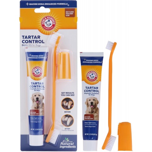Arm & Hammer for Pets Tartar Control Kit for Dogs | Contains Toothpaste, Toothbrush & Fingerbrush | Reduces Plaque & Tartar Buildup | Safe for Puppies, 3-Piece , Beef Flavor